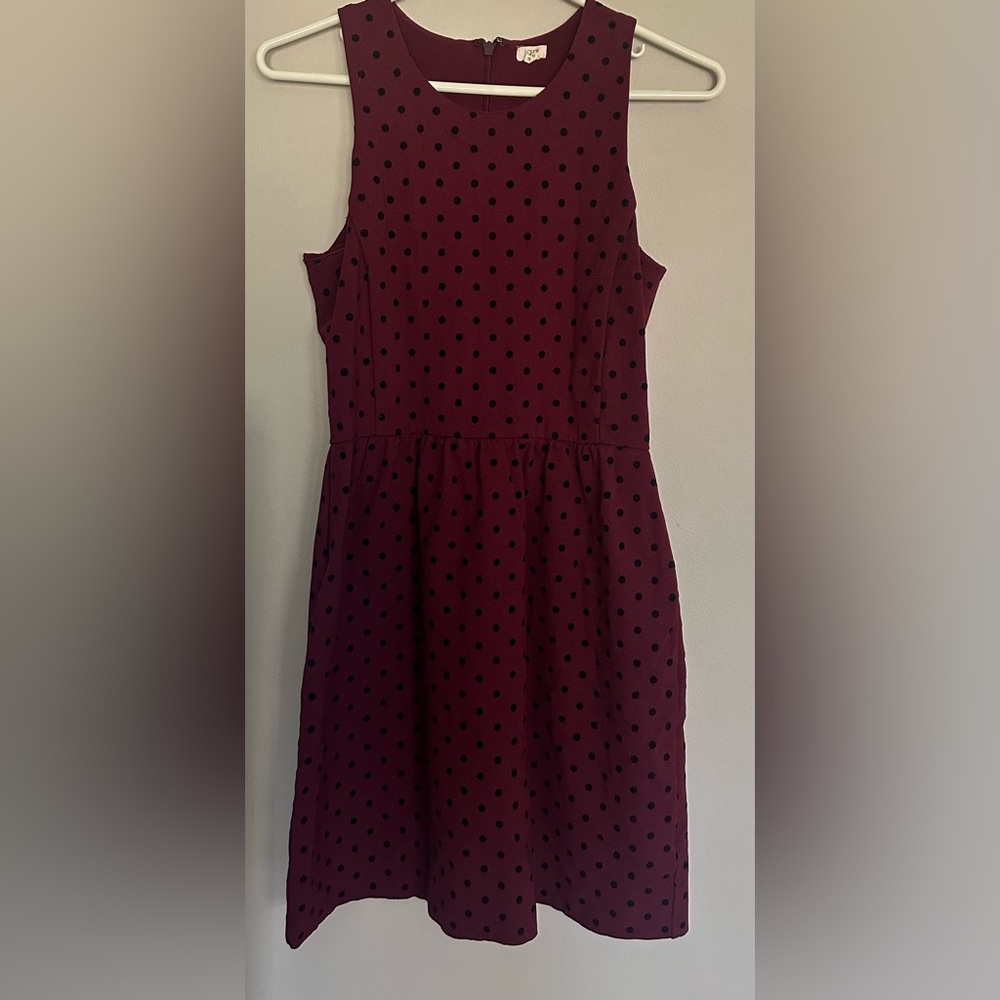 J. Crew size XS IBurgundy Dress with Black Polka Dots